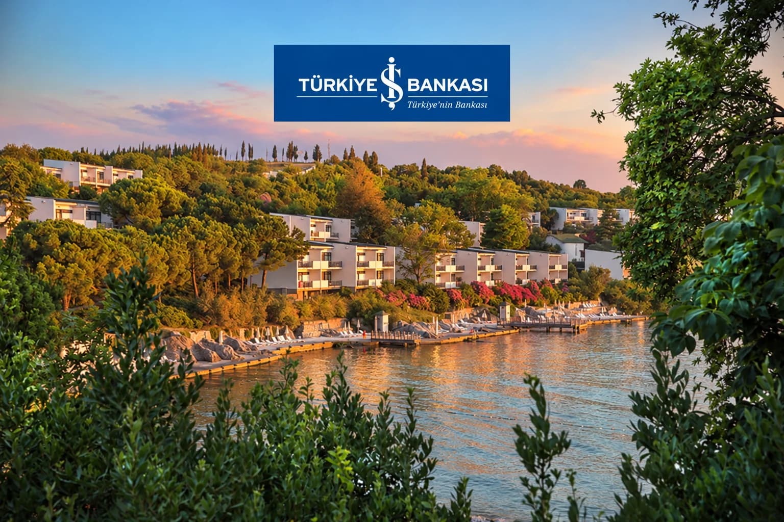 İş Bankası logosu eklenmiş Yelkenkaya Dinlenme Tesisi sahil ve konaklama alanı görseli